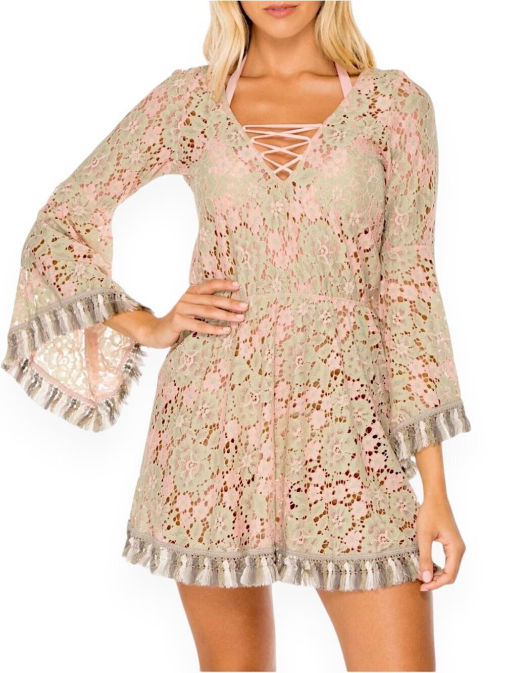 Luli Fama Miami Gitana Bell Sleeve Dress Multicolor Lace Swimsuit Coverup NWT XS